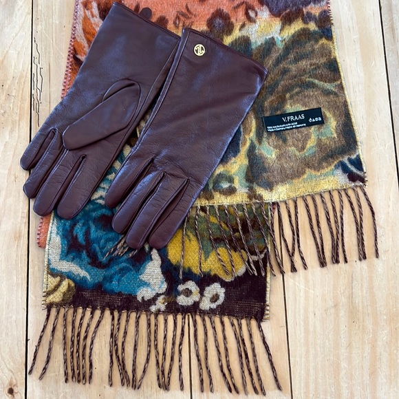 Adrienne Vittadini Burgundy Leather Gloves Cashmere Lined Matching V.Fraas Scarf